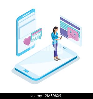 Isometrics girl communicates on the Internet, internet acquaintance, love messages, husband search, virtual communication. Bright holographic design. Stock Vector