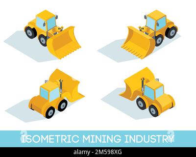 Isometric 3D mining industry icons set 1 image of mining equipment and vehicles isolated vector illustration. Stock Vector