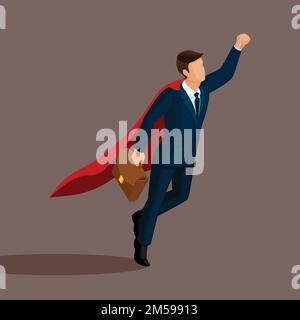 Isometric 3D businessman, Superman flies up, with a briefcase in hand, in a business suit with a cloak isolated on a light background. Stock Vector