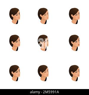 Isometric icons of woman emotions, 3D head hair, faces, eyes, lips, nose. Facial expression. Qualitative isometry of people for vector illustrations. Stock Vector