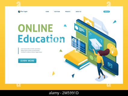 Young people are engaged in online training using a tablet. Concept of online education. 3d isometric. Landing page concepts and web design. Stock Vector
