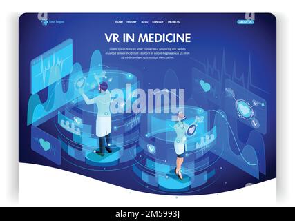 Website template design. Isometric concept augmented reality for medicine, doctors work on virtual screens. Web design landing page. Easy to edit and Stock Vector