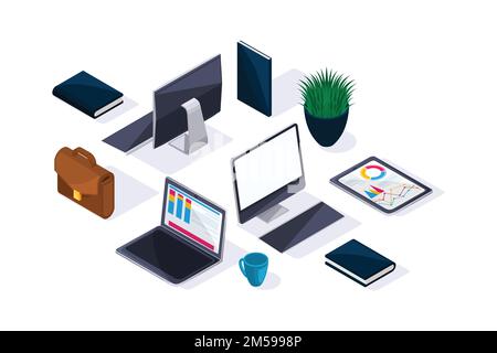 Business accessories in isometric, beautiful concept of advertising and presentations. Laptop, tablet, monitor, briefcase. Stock Vector