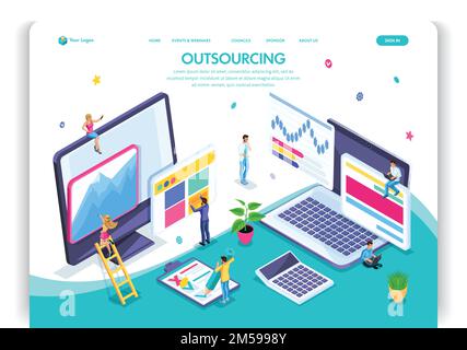 Website template design. Isometric concept Outsourcing. Hiring a remote employee, designer, programmer, copywriter. Easy to edit and customize landing Stock Vector