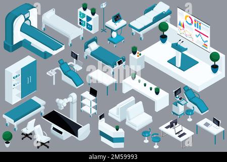 Quality Isometry, 3D medical devices, hospital bed, MRI, X-ray scanner, ultrasound scanner, dental chair, operating room. Stock Vector