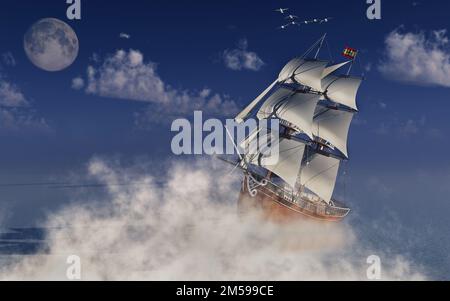 A Spanish Brig ,Sailing Out At Sea. Stock Photo