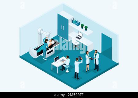 Qualitative Isometry, 3D characters. The concept of X-ray room. Meeting of doctors, a study of the patient on the apparatus, the study of analyzes. Stock Vector