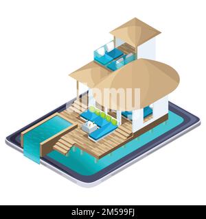 Isometric advertising of the resort on the Maldives smartphone, bright advertising travel concept, on-line search for luxury hotels. Stock Vector