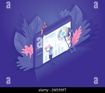 Isometric people work together in the web industry. Can use for web banner, infographic. Use set of characters, emotions of characters. Stock Vector