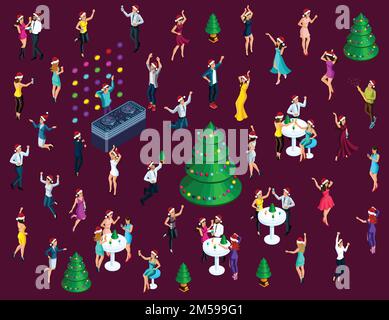 Isometrics Celebrating Christmas, a lot of 3D men and women have fun dancing, jumping, celebrating people for colorful illustrations. Stock Vector