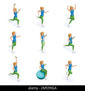 Isometric athlete, healthy lifestyle. Spring image of sportswoman, sportswear, jogging, jumping. Stock Vector