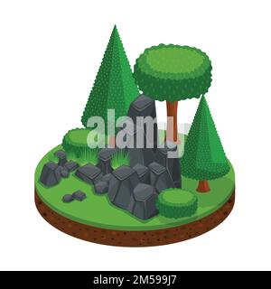 Isometric glade with a stone mountain, a forest of trees and conifers, an excellent landscape for games. Stock Vector