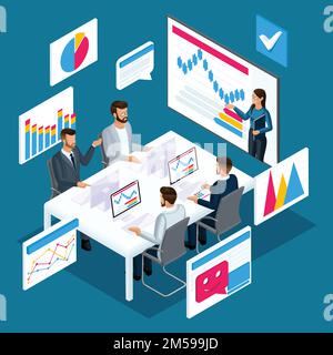 Isometric concept of online learning, distance learning, video training, online coaching, financial training. Stock Vector