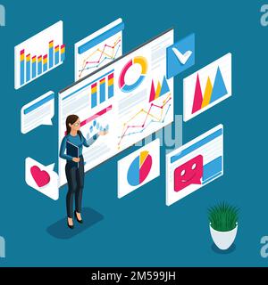 Isometric girl trader, learning the game on the stock exchange, quotes, charts, charts and bidding data. Stock Vector