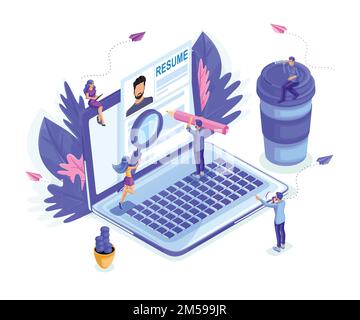 Isometric small people look at the resume together, look for work, recruiting. Can be used for web banner, infographic. Set emotions of characters, is Stock Vector