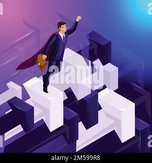 Advertising concept isometry, 3d businessman flies up, arrows pointing up, showing movement towards the goal. Excellent vector illustration for advert Stock Vector