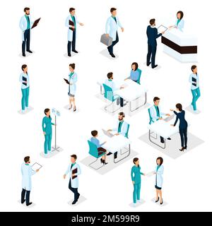Set Isometric Doctors Hospital Staff Nurse 3D surgeons and patients. Health experts hospital isolated on white background. Vector illustration. Stock Vector