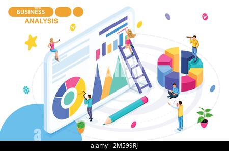 Isometric Concept of data collection and analysis, statistics collection and reports. Isometric people in motion. Concepts for web banners and printed Stock Vector