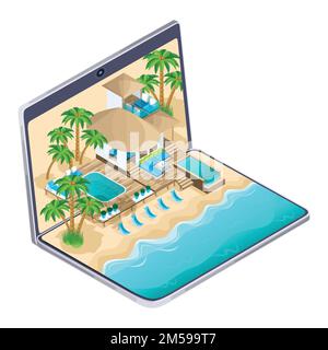 Isometric advertisement of the resort on the maldives on a laptop, a bright advertising travel concept, on-line selection and payment of a luxurious h Stock Vector