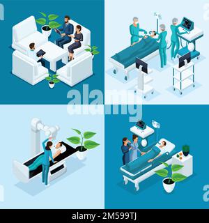 Isometric concept Hospital, Medical MRI Scan, Operating Room with Doctors, Fluorography Process, Surgeon Office, private Clinic. Stock Vector