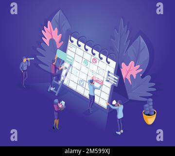 Isometrics people work together web industry. Little people characters make an online schedule. Design business graphics tasks scheduling on a week. Stock Vector