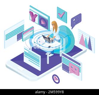 Isometric young girl with laptop, is blogging on the social network and recording video. Bright, colorful advertising concept. Stock Vector