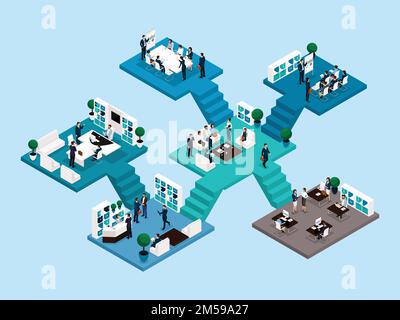 Isometric icon of many storey office building with stairs and bathrooms, office workers 3D business men and women. Vector illustration. Stock Vector