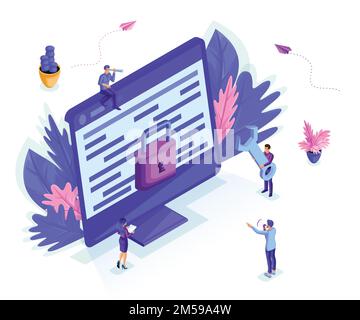 Isometric small people work with a monitor, concept of protecting computer data for a web page, coding, programming, application development. Isolated Stock Vector