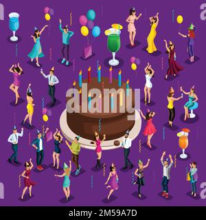 Isometry big celebratory cake with candles, dancing people, happy, drinks, balloons, garlands, fireworks. Stock Vector