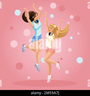 Isometrics young girls are happy, jumping, having fun, hair developing in the wind teenager, generation Z, bright background summer clothes. Stock Vector