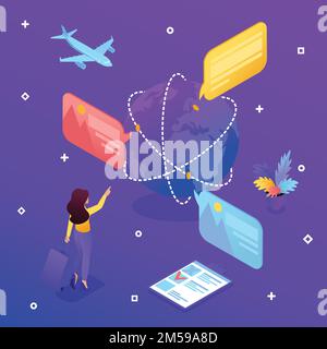 Isometric template bright tourist concept looks at the globe and choose the direction to relax. Vector illustration. Stock Vector