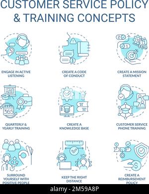 Customer service policy and training turquoise concept icons set Stock Vector