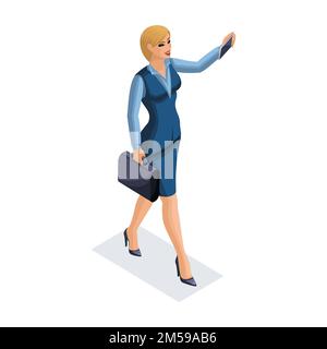 Isometric business woman with gadgets, young entrepreneur, taking pictures of herself, smartphone, makes video, vector illustration. Stock Vector