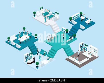 Isometric icon of many storey hospital building with stairs and rooms, hospital staff, patients 3D surgeons, doctors, nurses, ward. Vector illustratio Stock Vector