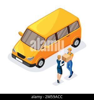 Isometric courier delivered a parcel to a business woman, a delivery service worker gives an order near a work machine. Express, Home, Fast delivery, Stock Vector