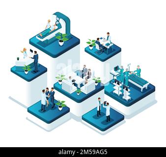 Isometric doctors concept of the work of medical personnel in a hospital. Concept of treatment and conducting surgical operations in the clinic. Stock Vector