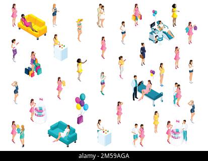 Isometry of pregnant girls in different activities, 3d couple next to the baby's crib, happy woman, balloons. Stock Vector
