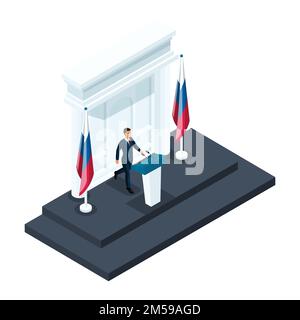Isometry male presidential candidate, 3d candidate speaking at a briefing in the Kremlin. Russian flag, elections, voting, forward movement. Stock Vector