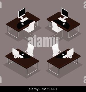 Trend isometric objects, 3D table with documents, laptop, chair, keyboard, mouse, front view, rear view, are isolated on a dark background. Stock Vector