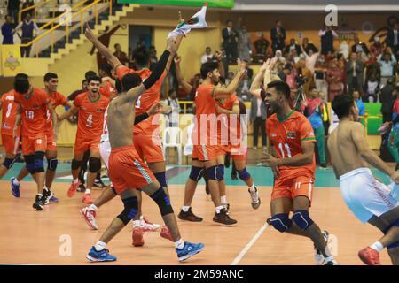 Bangabandhu Asian Central Zone U-23 Men’s International Volleyball Championship at the Shaheed Suhrawardy indoor stadium in Mirpur, Dhaka, Bangladesh. Stock Photo