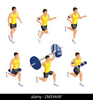 Isometric male athlete during training in the gym, dumbbell, barbell, running, squats, lunges, healthy lifestyle. Stock Vector