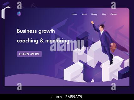Business website template design. Isometric concept for distance education, business up, achieving the goal, coaching and mentoring. Easy to edit and Stock Vector