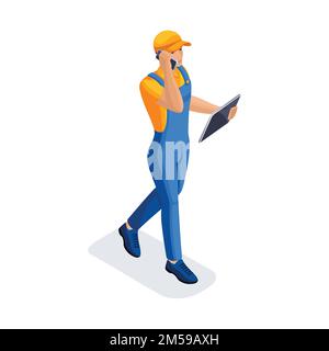 Isometric man calls up the time of delivery of the goods. Fast delivery van. Delivery man. 3D character of emotion. Vector illustration. Stock Vector