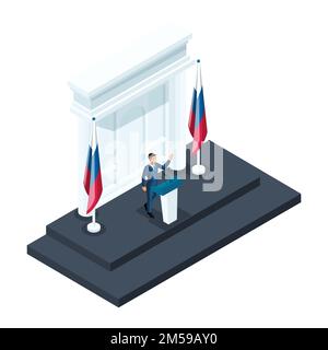 Isometry male presidential candidate, 3d candidate speaking at a briefing in the Kremlin. Speech, Russian flag, elections, voting. Stock Vector
