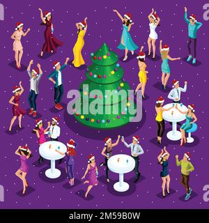 Isometric celebration of Christmas, 3d dancing, happiness of a man and a woman are having fun, festive Christmas tree in the center, corporate party, Stock Vector