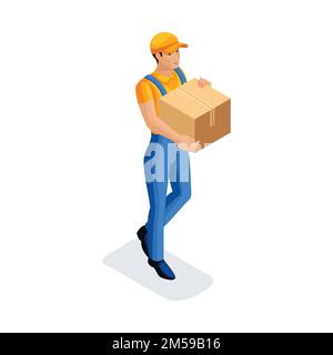 Isometric man carries a cardboard box, a courier, food delivery to the office. Fast delivery van. Delivery man. 3D character of emotion. Vector illust Stock Vector