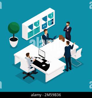Trend isometric people, concept, office manager front view, a large table for meetings, negotiations, brainstorming, businessmen in suits stylish hair Stock Vector