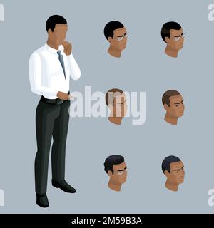 Qualitative Isometry, 3D businessman shows a man is African-American. Character, with a set of emotions and hairstyles for creating illustrations. Stock Vector