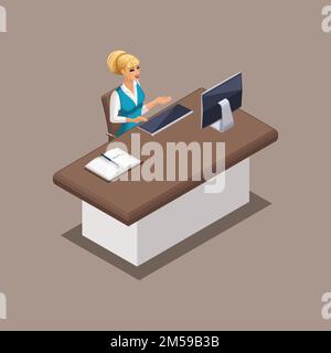 Isometric bank employee, a bank manager at work in a bank office. Banking structure in operation. Stock Vector