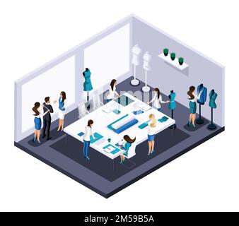 Isometric tailor room atelier process of sewing workshop work, customer ...